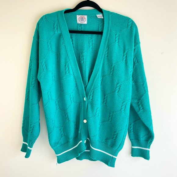 Vintage Sweaters - Vintage Cape Isle Knitters Turquoise 100% Cotton Cardigan M